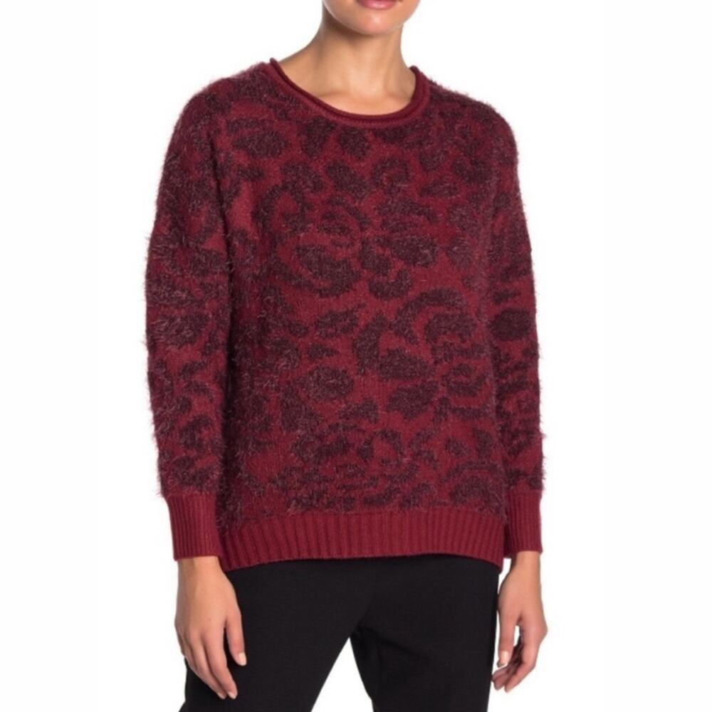 New 14th & Union Red Rose Print Fuzzy Sweater Crewneck Long Sleeve Small Petite
